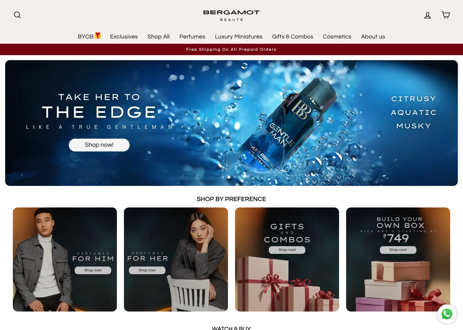 Bergamot Beauté Shopify storefront with the BYOB menu item