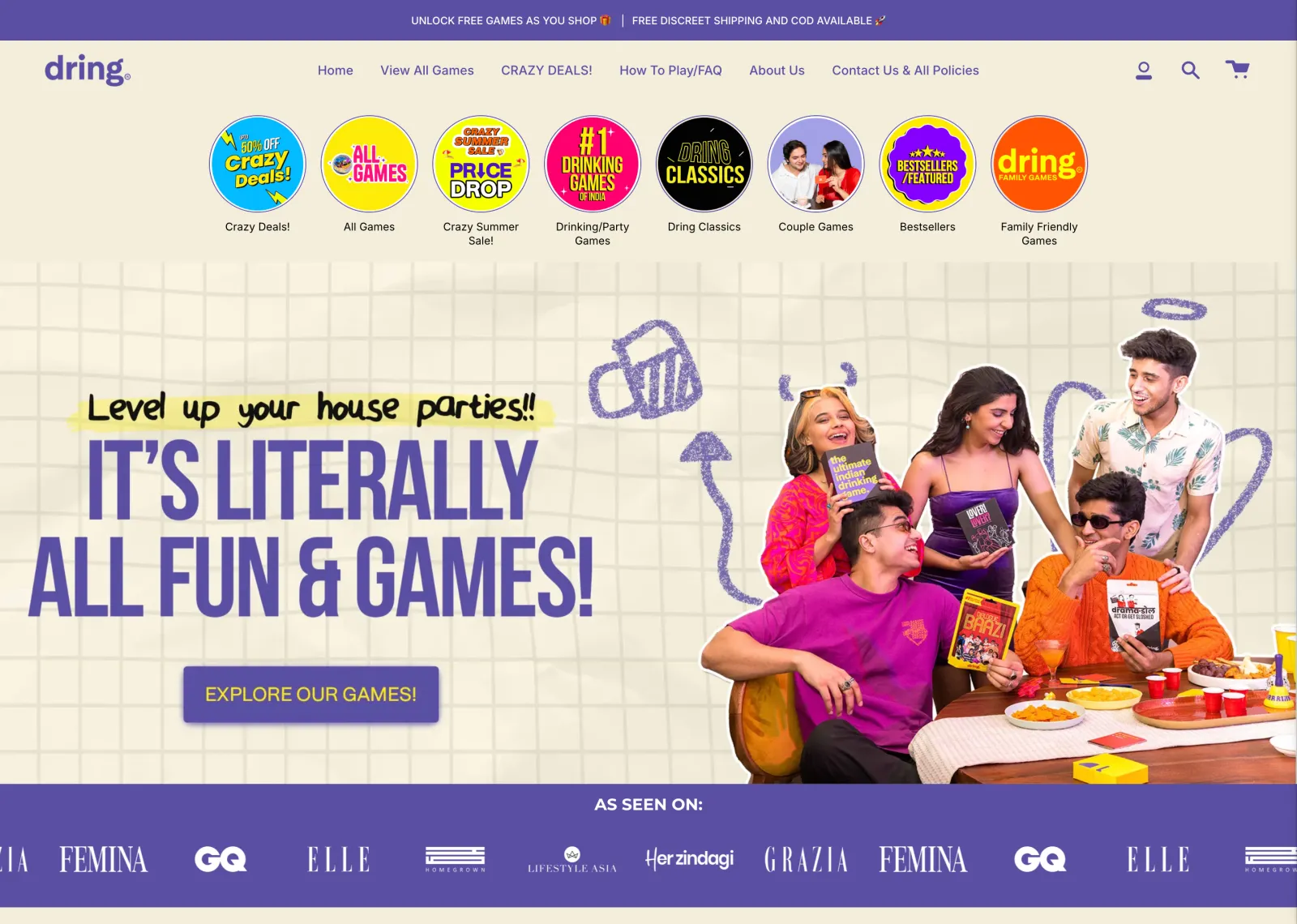 Dring Shopify storefront homepage with game categories