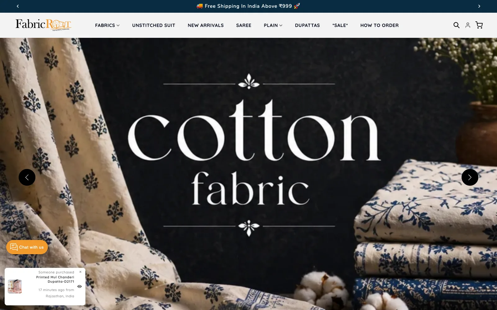 Fabricroot Shopify storefront homepage with fabric collections